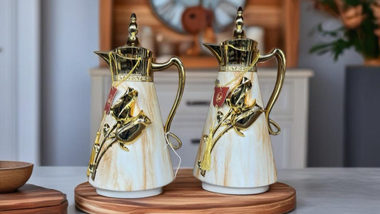 Luxury Thermos Set – Marble & Gold with Rose Design