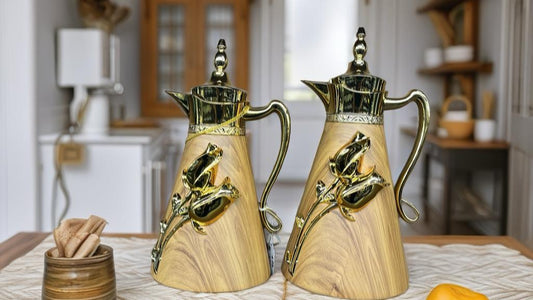 Luxury Thermos Set – Wood & Gold with Rose Design