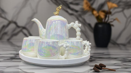 Iridescent Porcelain Tea Set with Gold Accents