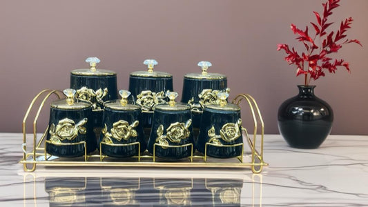 Emerald Green & Gold Rose Glass Jar Set