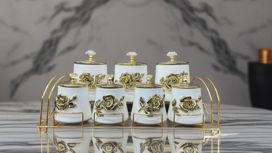 White & Gold Rose Glass Jar Set