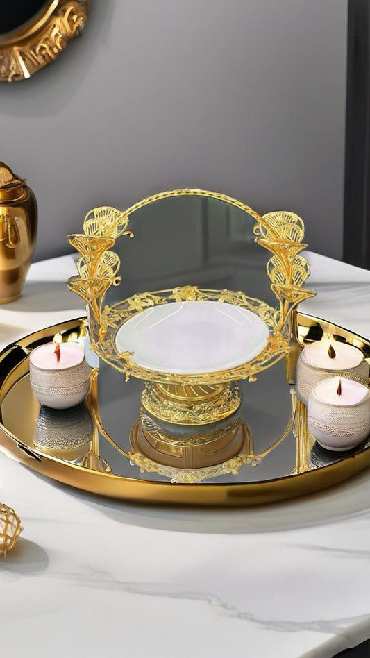 Luxury Gold Serving Tray with Mirror Base
